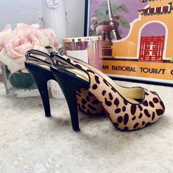 Leopard Print Pony Hair Peep-Toe Pumps - Picture 4 of 9